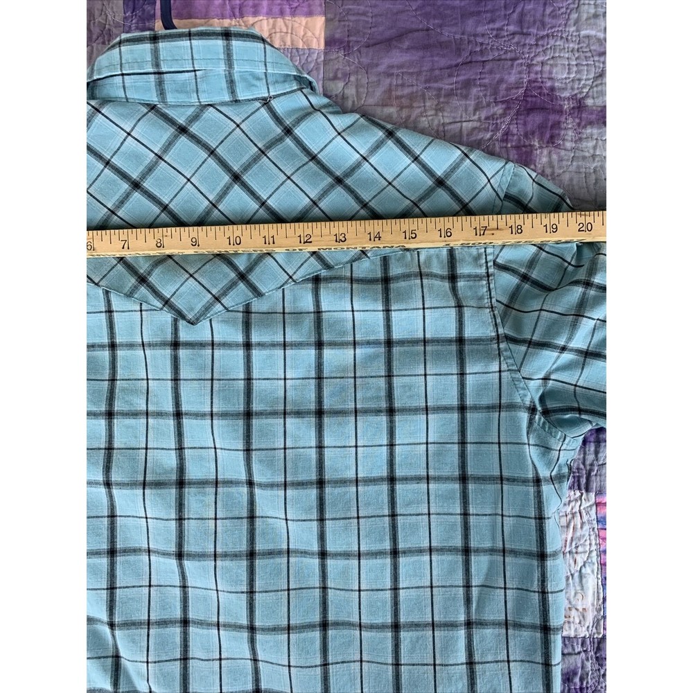 Vintage Wrangler Men’s Medium Blue Plaid Western Shirt Pearl Snaps Short Sleeve - Picture 6 of 7